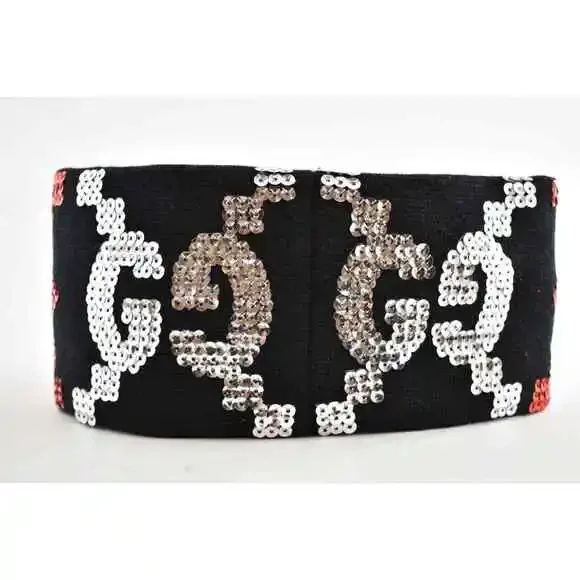 Gucci Black Sequin Silver Red GG Logo Wool Stretchy Headband Hair Small 56cm Gucci | Accessories | Gucci Black Sequin Silver Red Gg Logo  main image 2